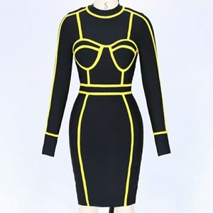 Women's Bandage Bodycon Midi with Yellow Outline